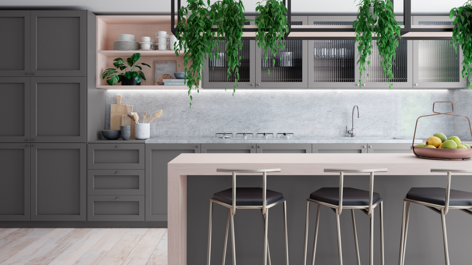 Este ambiente em cinza combinado com a decoração natural demonstra a inspiração na arquitetura moderna. MDFs Níquel e Carvalho Natural da Guararapes