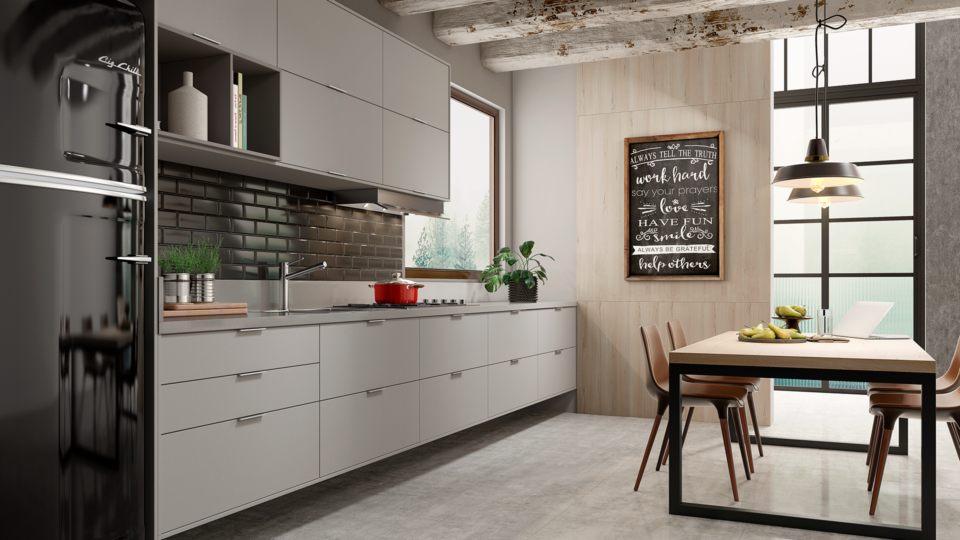 O MDF cinza fica bem em ambientes contemporâneos, que contam com a presença de metal, vidro e a cor preta. MDFs Cinza Urban e Antuérpia da Guararapes