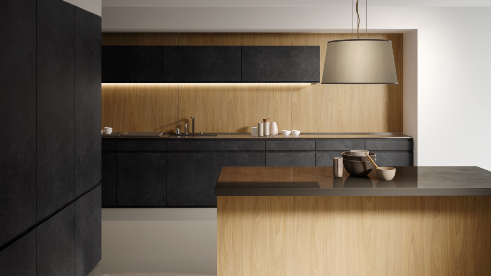 Quem deseja trazer a elegância do preto ao ambiente pode incluir em seu projeto o MDF marmorizado mais escuro. O produto da imagem é o MDF Marmo, em composição com o MDF Freijó, ambos da Guararapes.