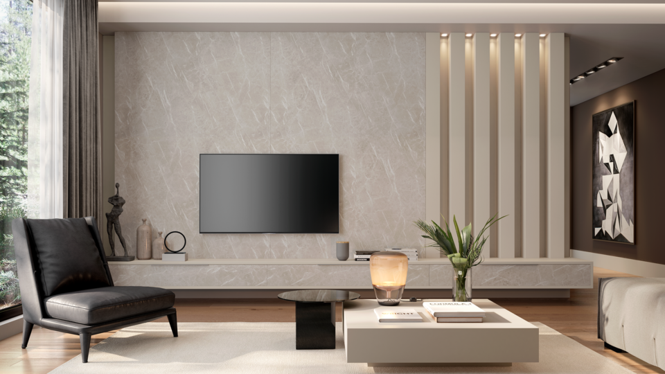 MDF marmorizado Fontana, da Guararapes, inspirado no mármore italiano, compõe este painel com o MDF Areia.
