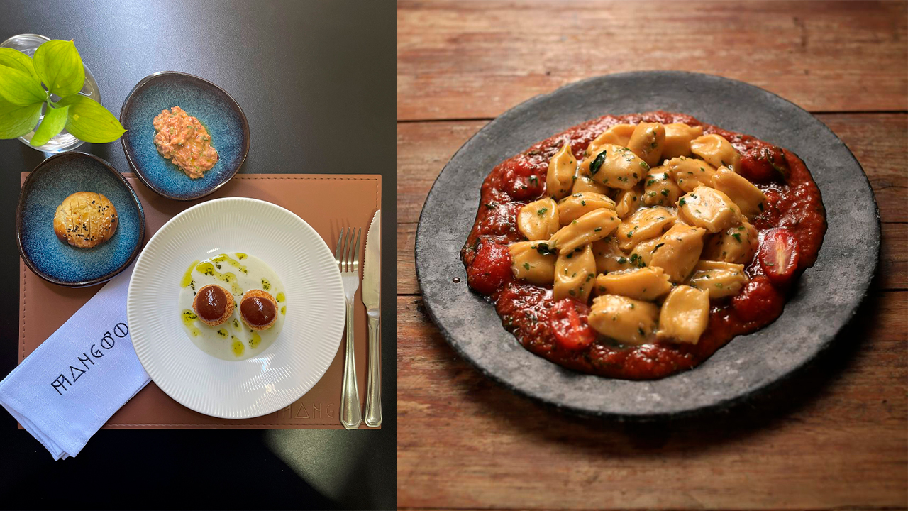 Uma das entradas disponíveis no menu da Tour Mangôo + opção de prato principal : agnolotti recheado de burrata de búfala ao molho pomodoro