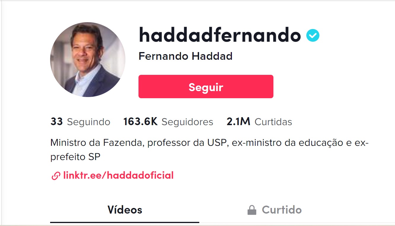 Perfil do ministro da Fazenda, Fernando Haddad, no TikTok: vídeo mais recente foi postado no dia anterior à reportagem