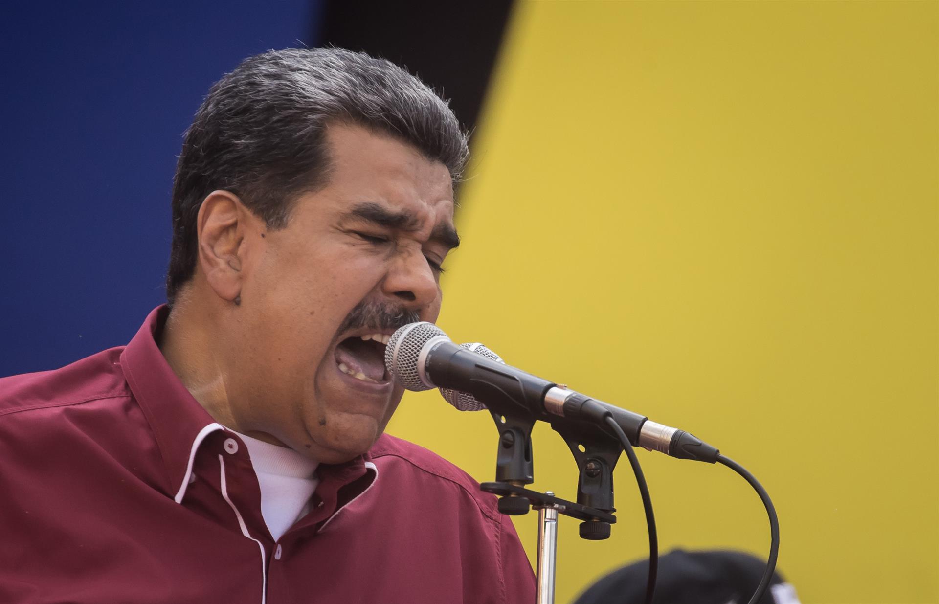 O ditador da Venezuela, Nicolás Maduro, durante as comemorações do Dia Internacional do Trabalhador, em Caracas, Venezuela.