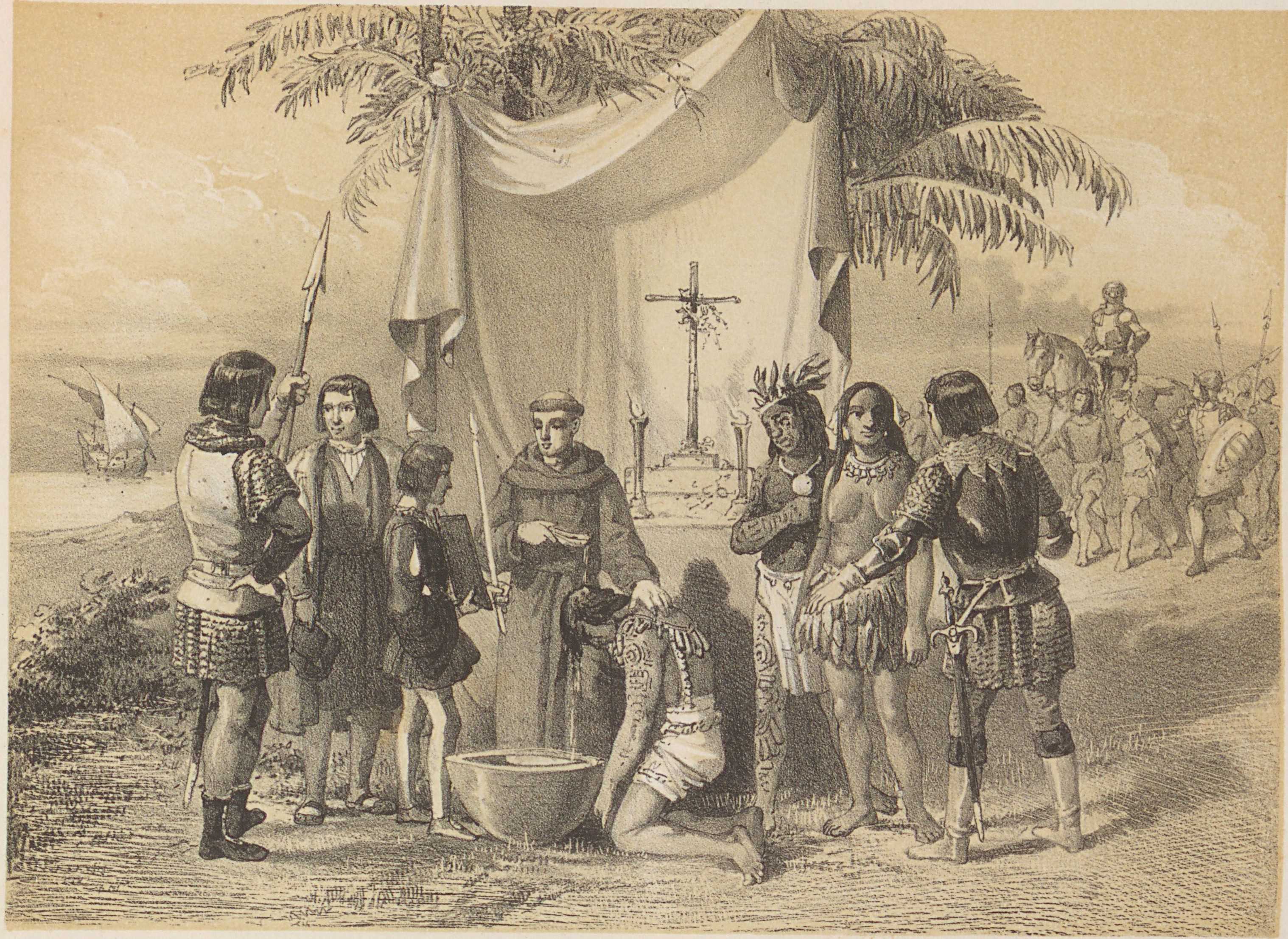 Litografia de Bartolomeu de las Casa batizando prisioneiros indígenas em 1511, J. J. Martinez (1854), História da Marinha Real Espanhola