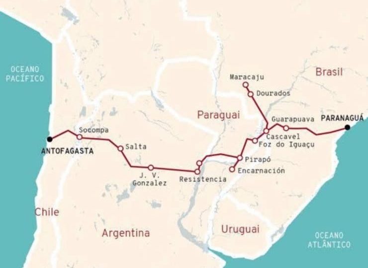 Traçado proposto para corredor ferroviário bioceânico, entre o Porto de Paranaguá (PR) e o Porto de Antofagasta (Chile).