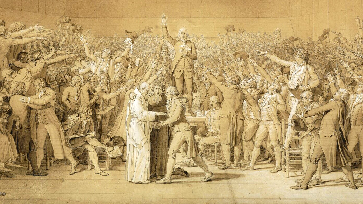 Gravura de 1791 de Jacques-Louis David retrata o Juramento da Quadra de Tênis, quando deputados da Assembleia Nacional francesa, incluindo clérigos, juraram manter sua aliança em votação no local improvisado em Versalhes após a recusa do rei a recebê-los. O evento foi uma quinzena antes da Queda da Bastilha. Taxa de fertilidade francesa se manteve alta em locais administrados por clérigos refratários aos juramentos revolucionários.