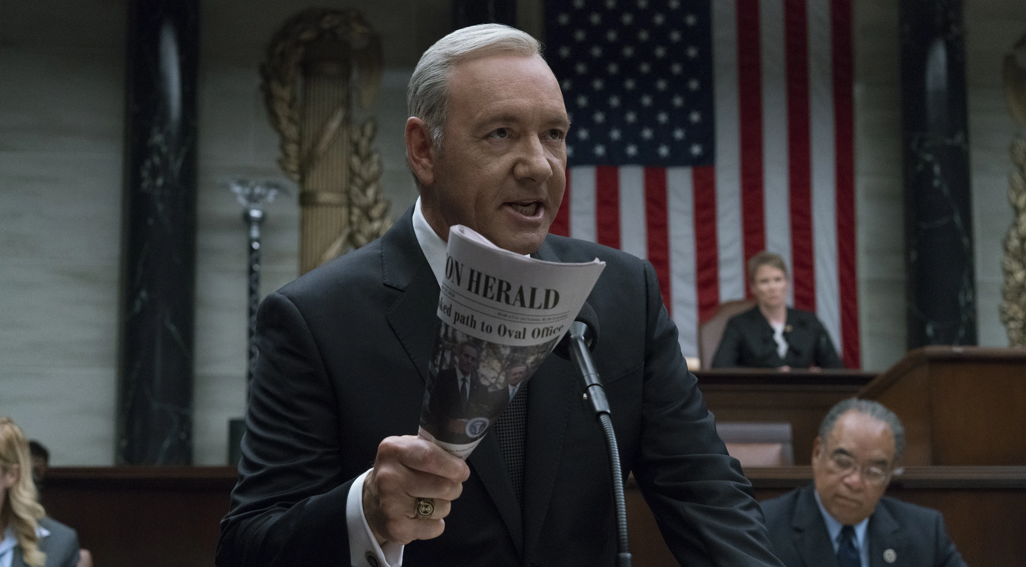 Kevin Spacey em uma cena da série 'House Of Cards', da qual também era produtor.