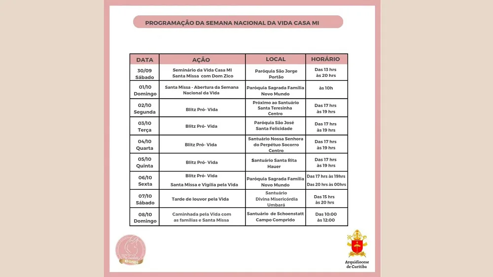 Programação da Semana Nacional da Vida promovida pela Arquidiocese de Curitiba e Casa Pró-Vida.