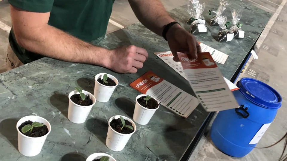 Resíduo orgânico recolhido no refeitório da empresa se transforma em adubo para plantas.