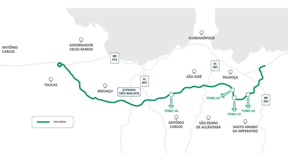 Mapa do trajeto do contorno viário de Florianópolis (SC).
