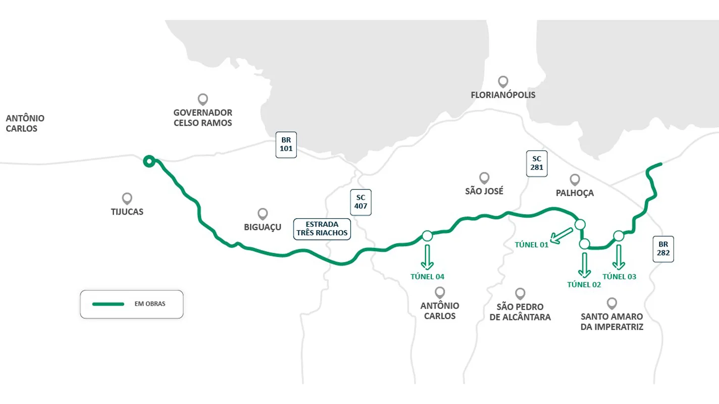 Mapa do trajeto do contorno viário de Florianópolis (SC).