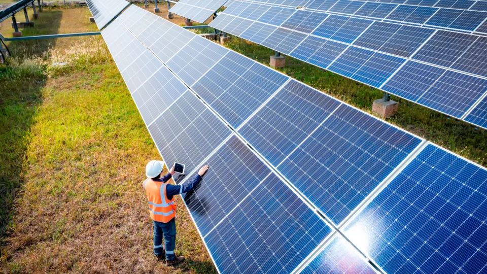 Na fazenda solar, as placas solares são colocadas no solo