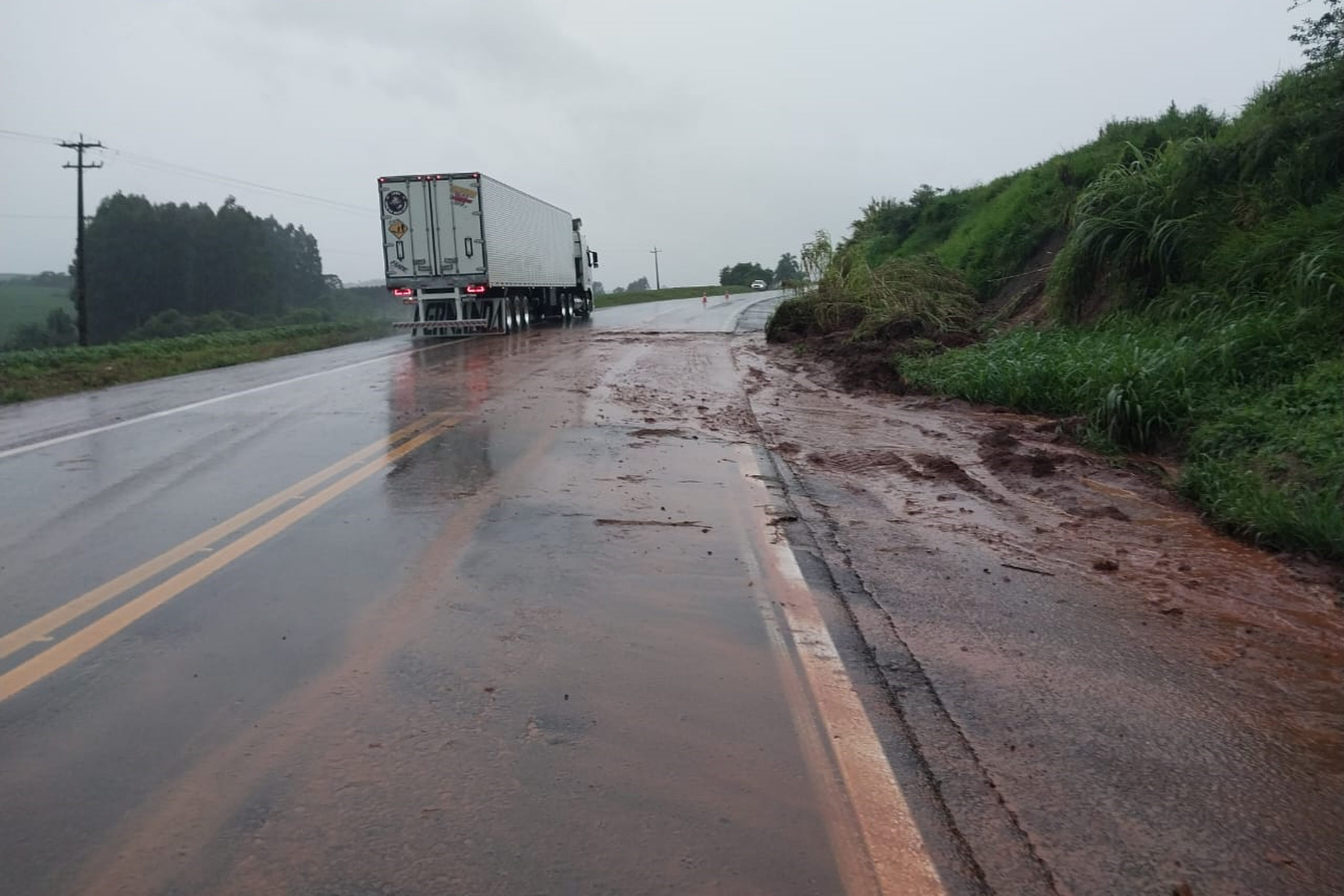 A rodovia PRC-280, em Vitorino, no sudoeste paranaense, foi atingida por escorregamento de terra e vegetação.