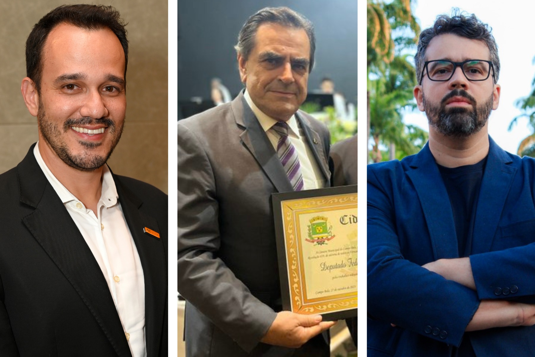 Presidente do Novo em BH, Frederico Papatella; o deputado e presidente do PL em Minas, Domingos Sávio; e o sociólogo Gabriel Mendes.