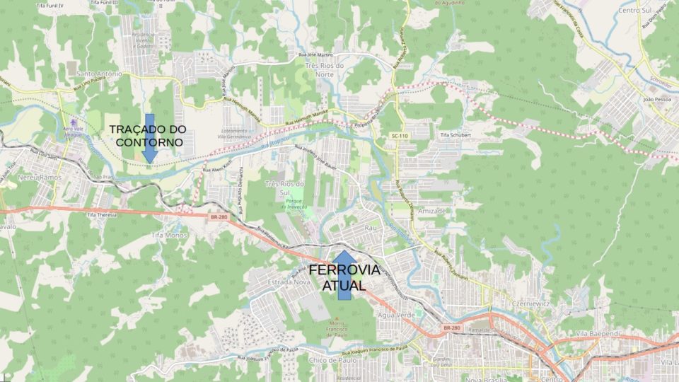 Mapa mostra atual ferrovia de Jaraguá do Sul e por onde passará o novo contorno ferroviário.