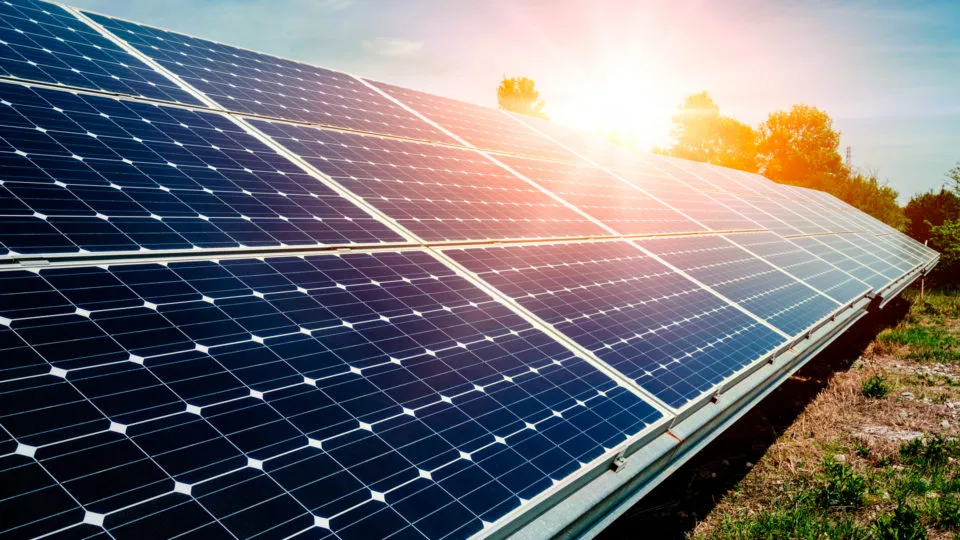 Nas fazendas solares os painéis fotovoltaicos são instalados no solo, enfileirados, para captar melhor a radiação solar