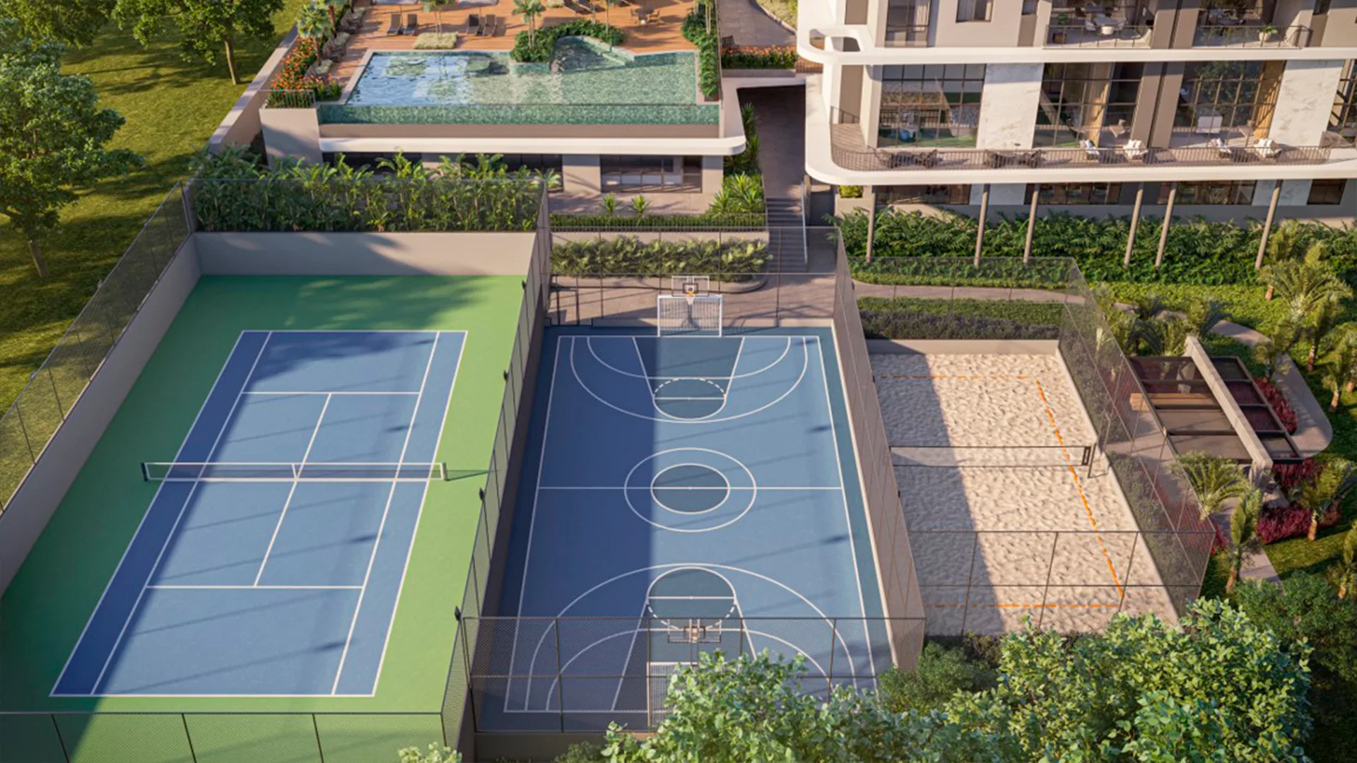 O Solaia Garden oferece quadra poliesportiva, de tênis e beach tennis, assim como piscina indoor externa.