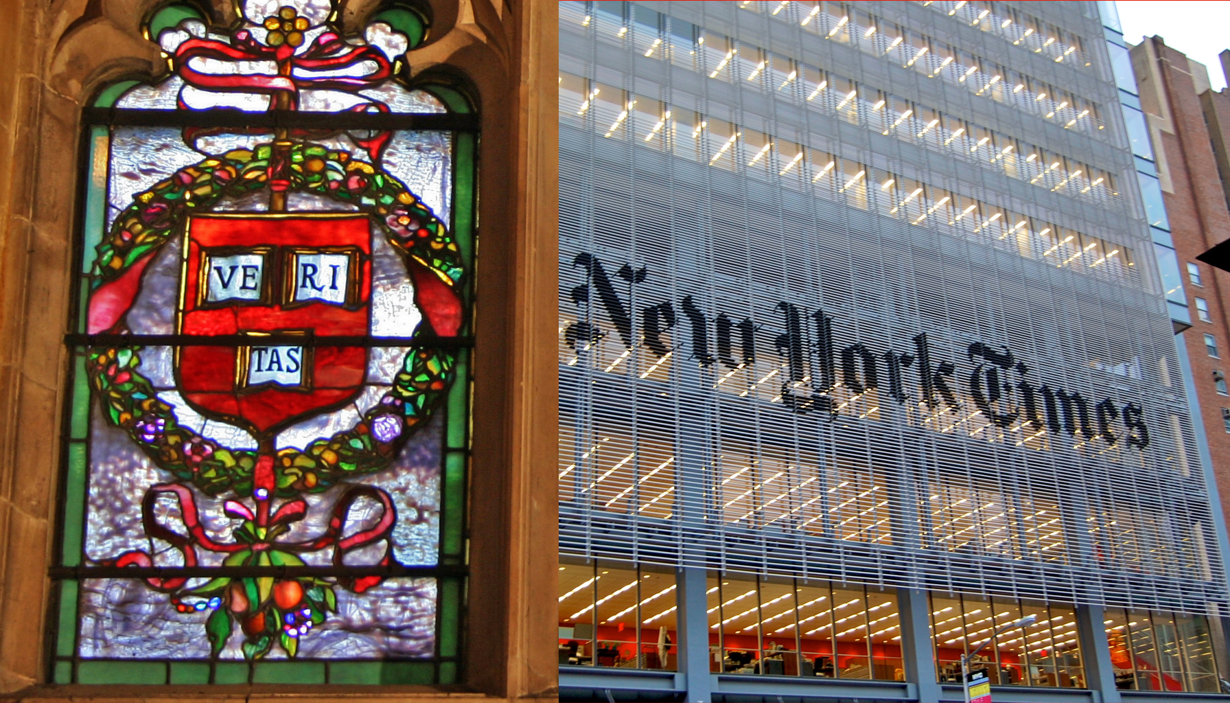 À esquerda, vitral da “janela John Harvard” (fundador da universidade americana de mesmo nome), mostrando o brasão com o lema da instituição, “Veritas” (verdade) — a janela está na Catedral Southwark, em Londres, onde John Harvard nasceu. À direita, sede do jornal The New York Times, em Nova York.