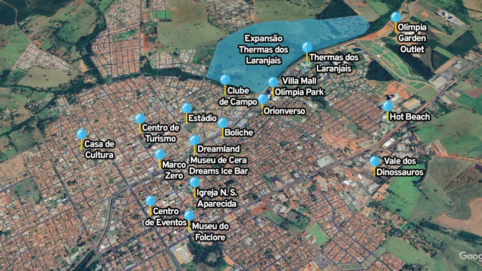 Mapa com as atrações de Olímpia.