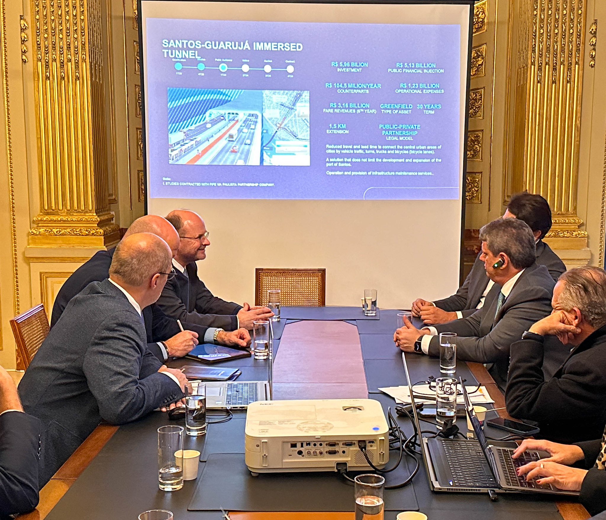 O governador de São Paulo, Tarcísio de Freitas, em reunião com executivos da Tec Tunnel, em Paris, para prospectar investimentos privados para o estado.