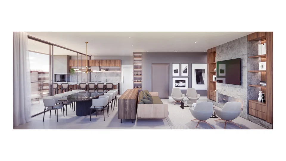 Visão ampla da sala luxuosa do Wide, empreendimento da Construtora Bouw no Batel
