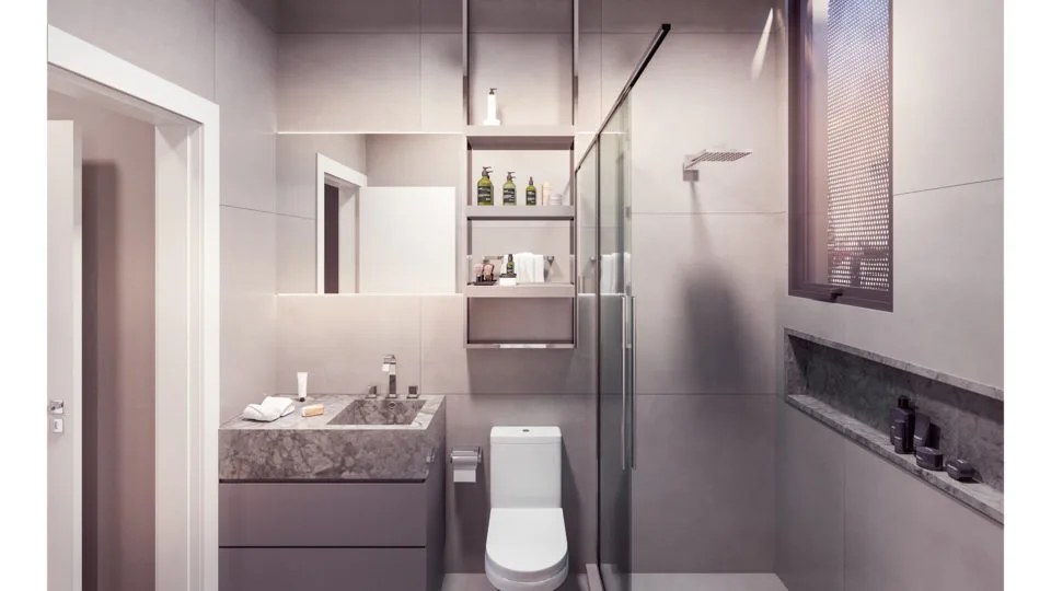 O edifício Wide possui acabamentos e materiais finos como madeiras nobres, mármores, granito e porcelanato