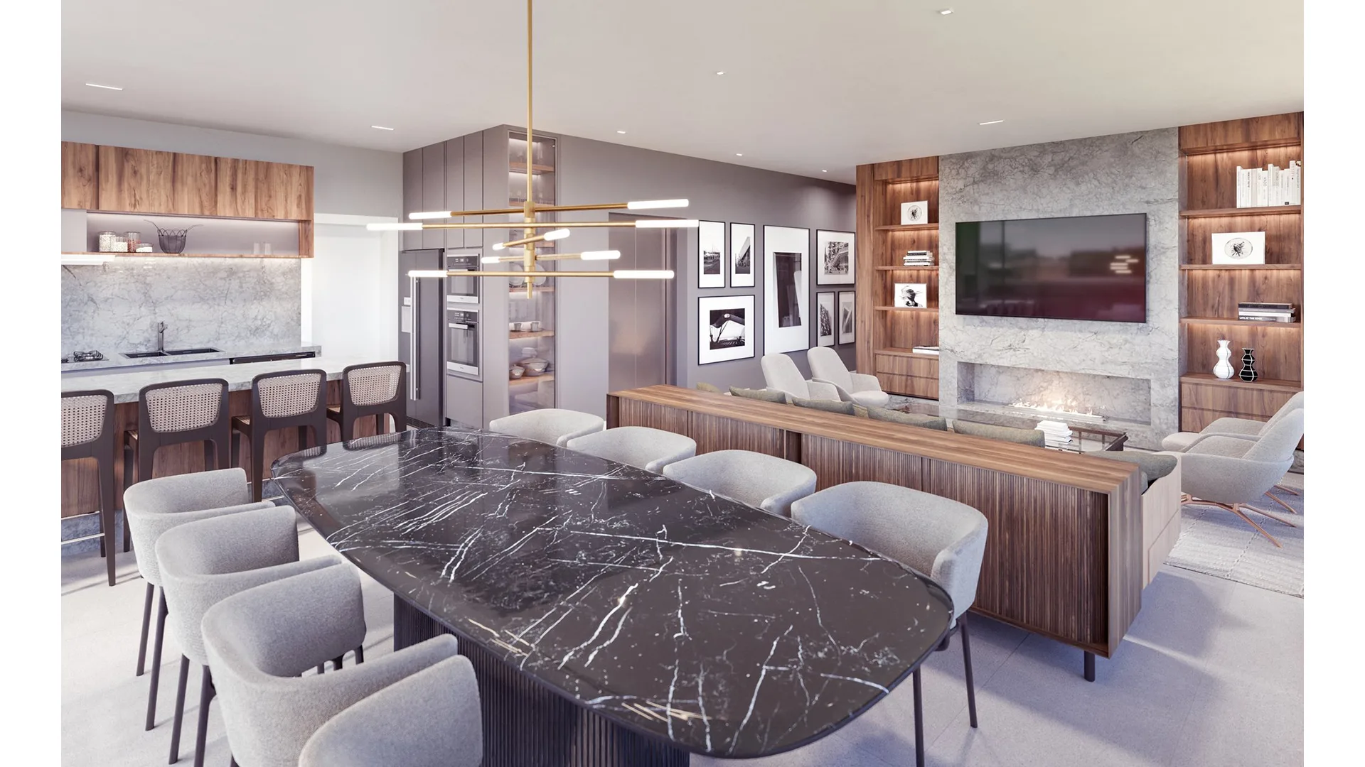 Uma das características de imóveis de alto luxo é o uso de acabamentos e materiais nobres. Na imagem é demonstrado isso em uma sala do empreendimento.