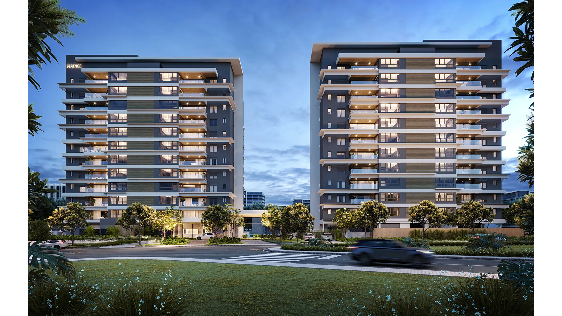 Visão no fim de tarde da fachada do Landhaus, empreendimento no Ecoville, Curitiba