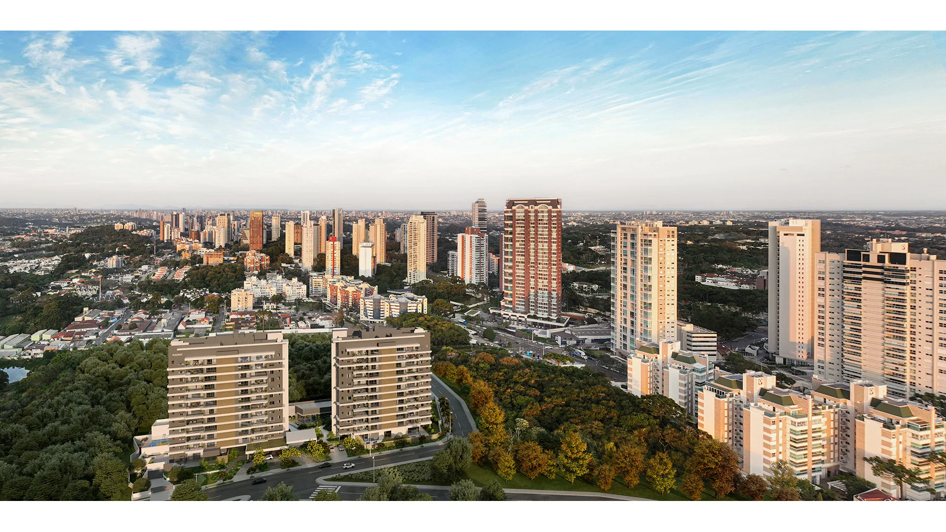 Visão panorâmica do Landhaus e do bairro Ecoville, em Curitiba