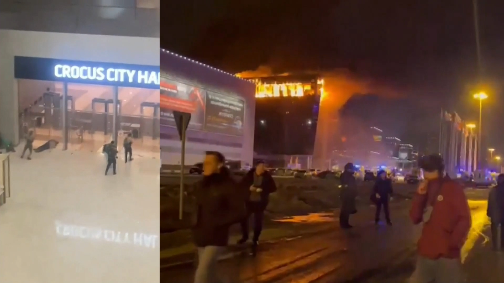 À esquerda, imagens mostram atiradores fazendo vítimas na entrada do Crocous City Hall, na metrópole de Moscou. À direita, visão da casa de shows em chamas.