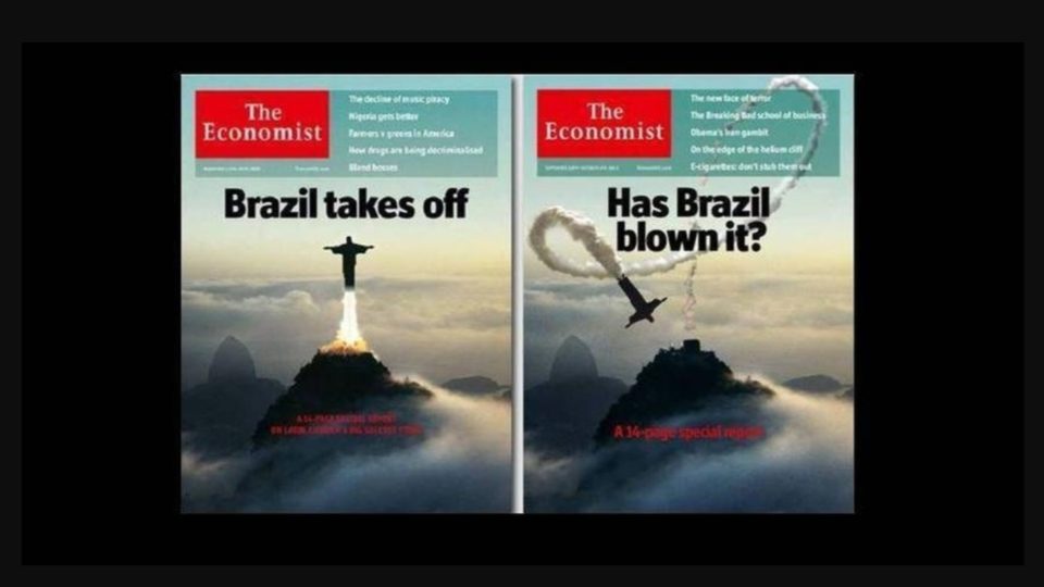 Da expectativa à realidade: Brasil foi capa da revista britânica The Economist em 2009 e em 2013, sob olhares distintos.