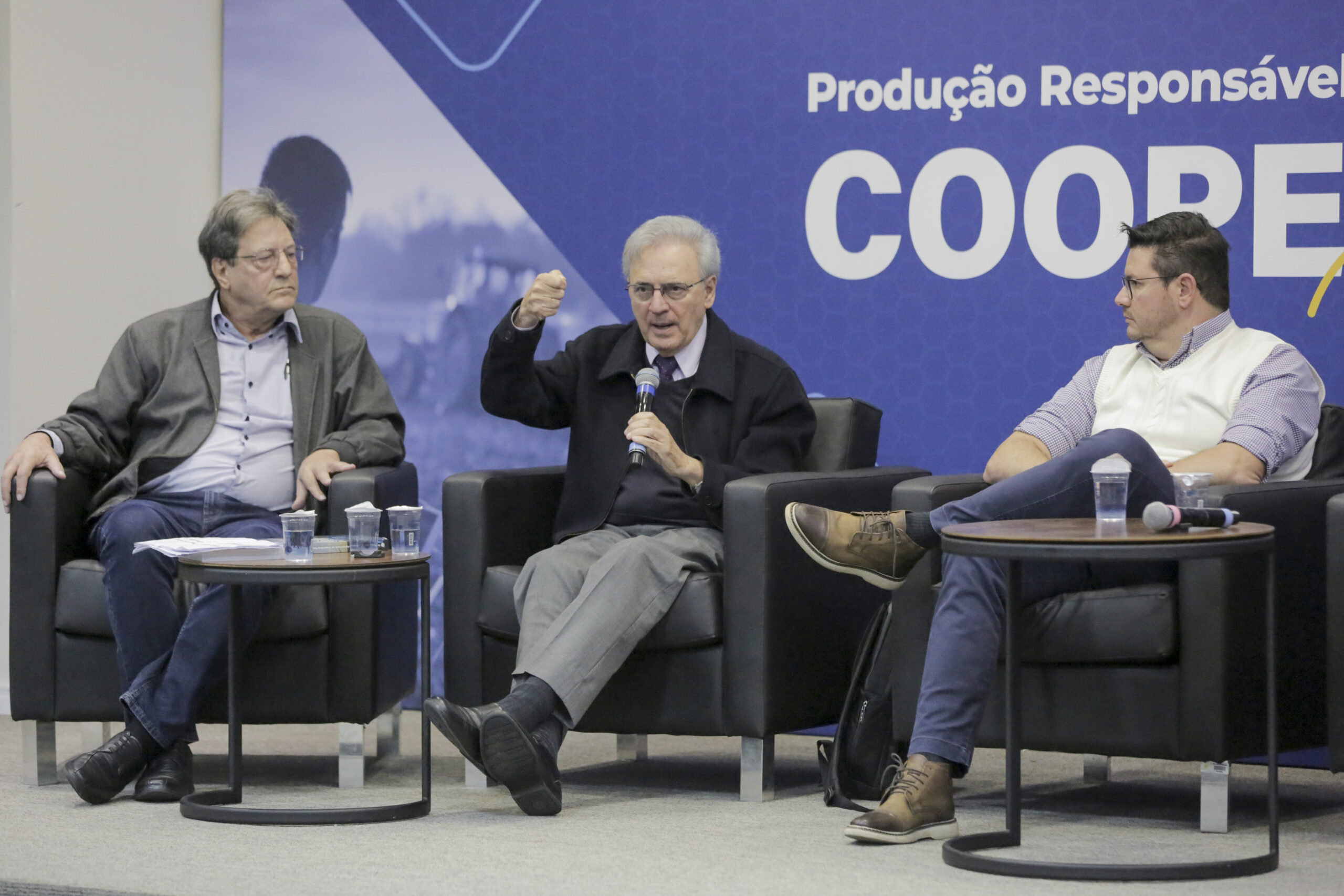 Flávio Turra, da Ocepar; o economista José Pio Martins; e o consultor Etore Baroni durante painel do Summit 2024
