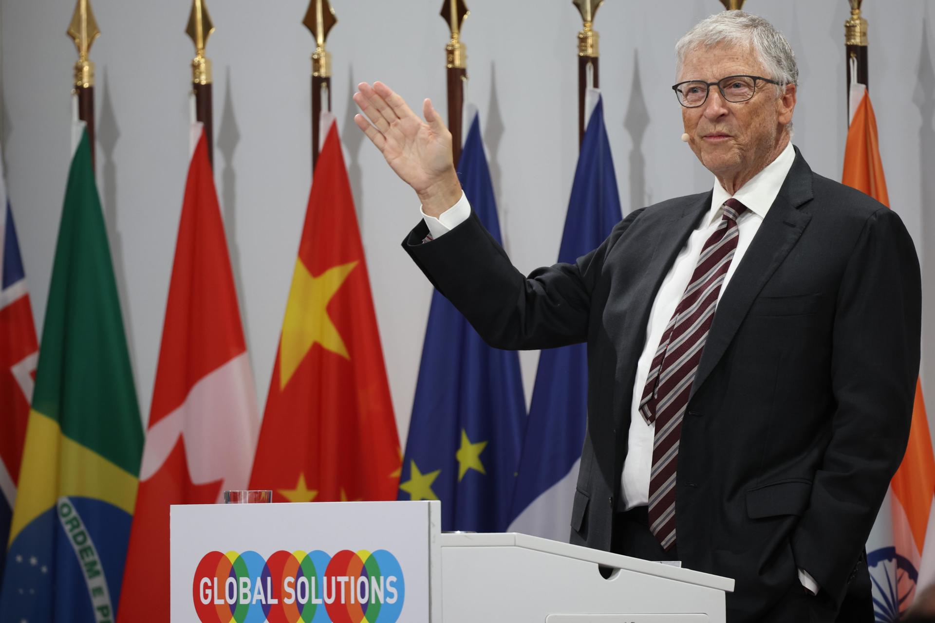 Bill Gates discursa durante o encontro Berlin Global Solutions, em Berlim, Alemanha, no dia 07 de maio de 2024.