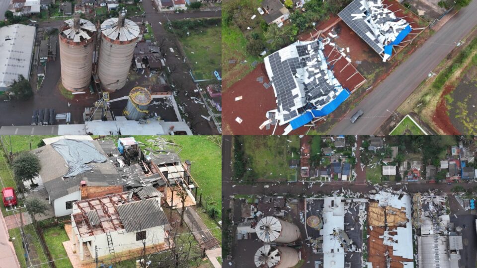 Prédios destelhados por microexplosão em São Luiz Gonzaga, RS
