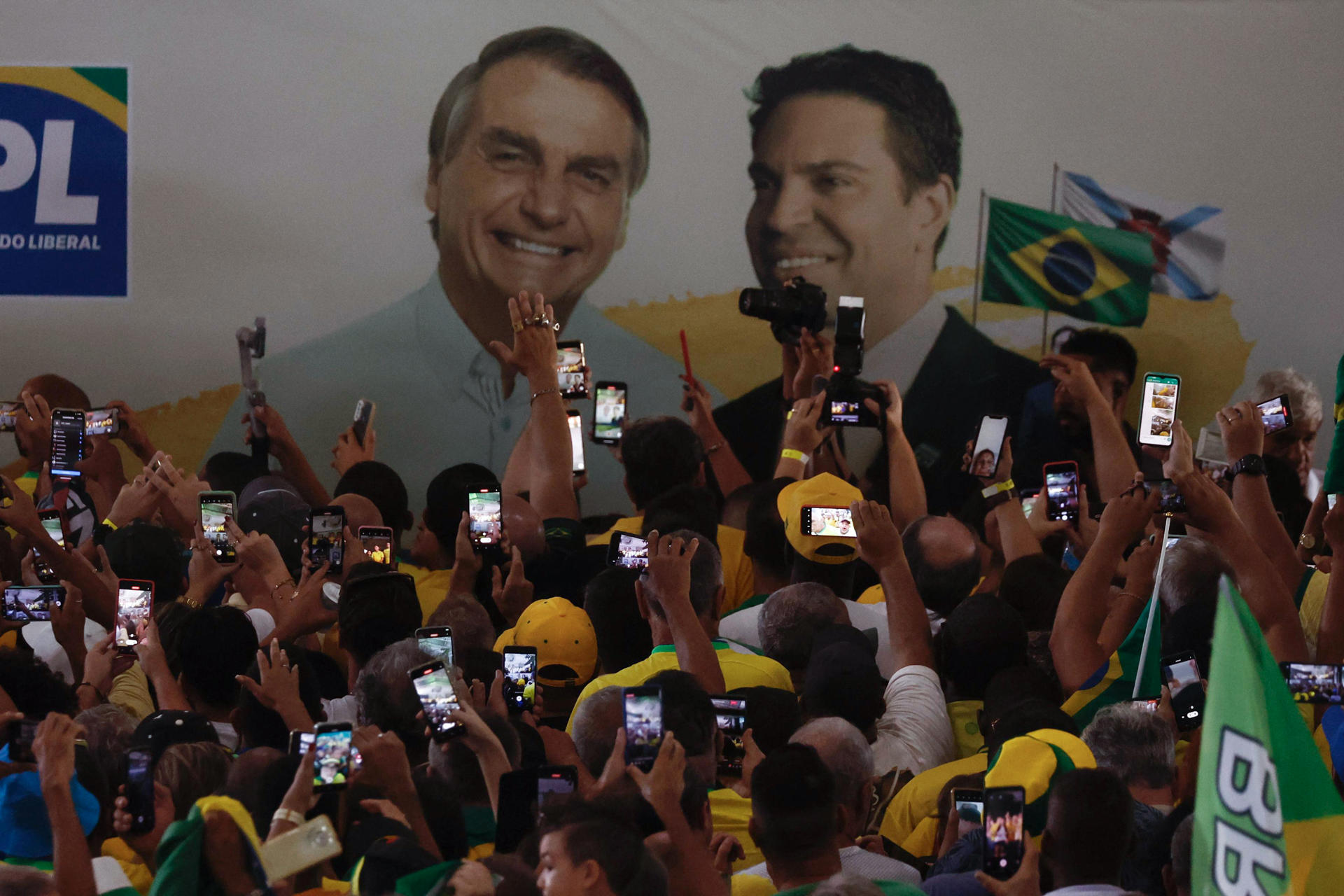 O ex-presidente Jair Bolsonaro durante o lançamento da candidatura de Alexandre Ramagem à prefeitura do Rio de Janeiro. Ramagem, do PL, foi diretor da Agência Brasileira de Inteligência (Abin) no governo Bolsonaro.