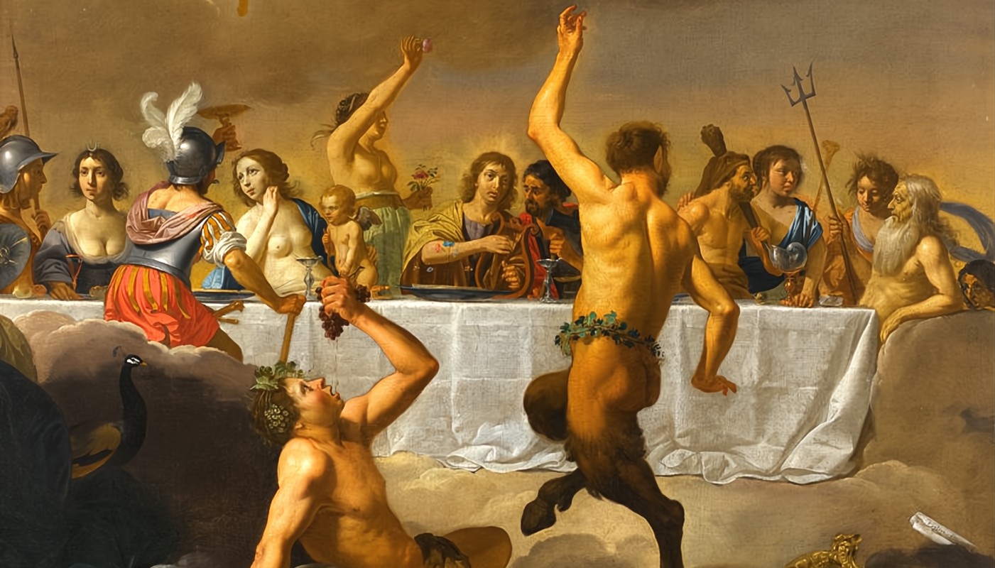 &#8220;A festa dos deuses&#8221;, pintura de Jan van Bijlert. Defensores da paródia da Santa Ceia, na abertura das Olimpíadas de Paris 2024 na França, dizem que foi esta obra a real inspiração da encenação. Outros não estão convencidos.