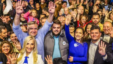 Ney Leprevost, Felipe Francischini, Rosangela Moro e Sergio Moro em convenção do União Brasil em Curitiba.