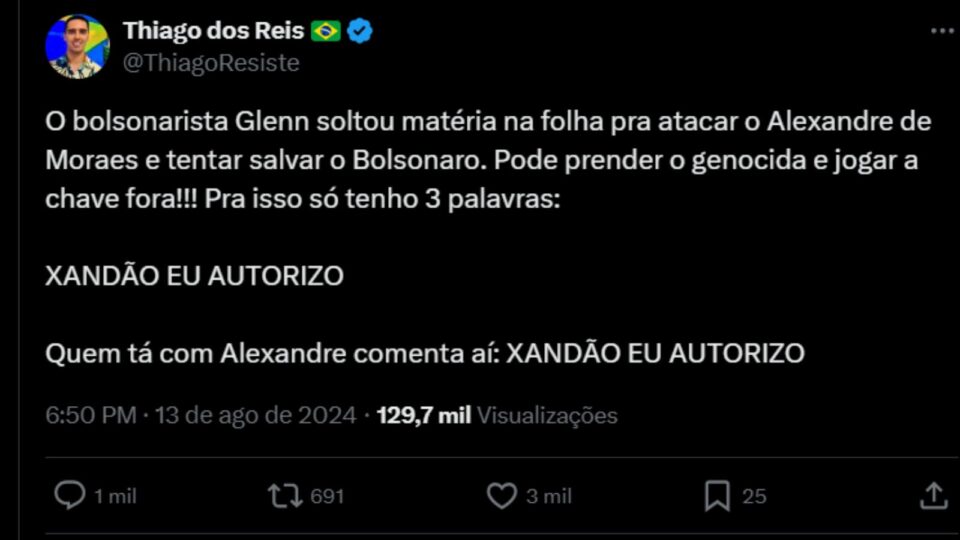 Thiago dos Reis: apoio a Alexandre de Moraes