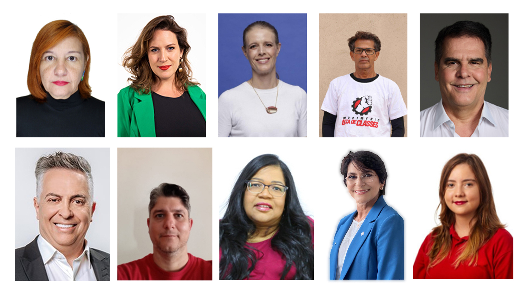 Candidatos a vice-prefeito em Belo Horizonte: Andrea Ferreira (PSTU); Bella Gonçalves (PSOL); Luísa Barreto (Novo); Geraldo Neres (Unidade Popular); Paulo Brant (PSB); Álvaro Damião (União Brasil); Francisco Foureaux (PDT); Renata Rosa (Podemos); Claudia Romualdo (PL); e Marília Garcia (PCO).