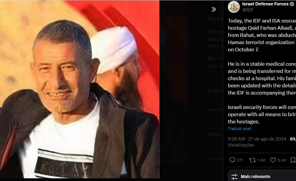 Israel anuncia que resgatou mais um refém que foi sequestrado pelo Hamas