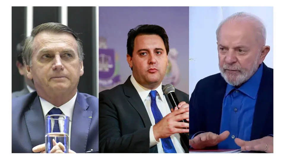 Ex-presidente Bolsonaro (PL), governador do Paraná Ratinho Junior (PSD) e presidente Lula (PT).