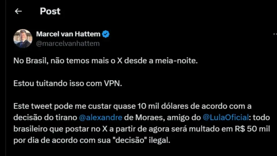 Publicação de Van Hattem no X: uso de VPN para acessar site bloqueado.