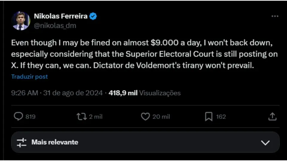Nikolas Ferreira (PL-MG) fez publicação em inglês no X neste sábado (31)