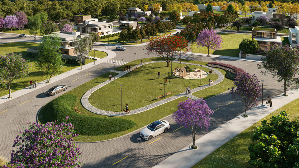 Projeção artística da "Praça da Vizinhança", na área central do bairro-cidade.