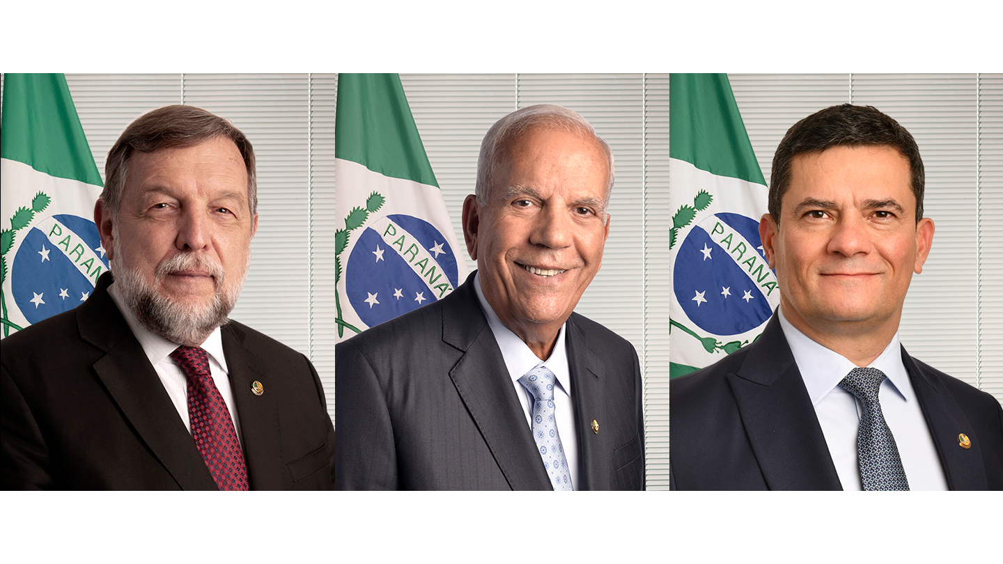 Flávio Arns (PSB), Oriovisto Guimarães (Podemos) e Sergio Moro (União), senadores da bancada paranaense.
