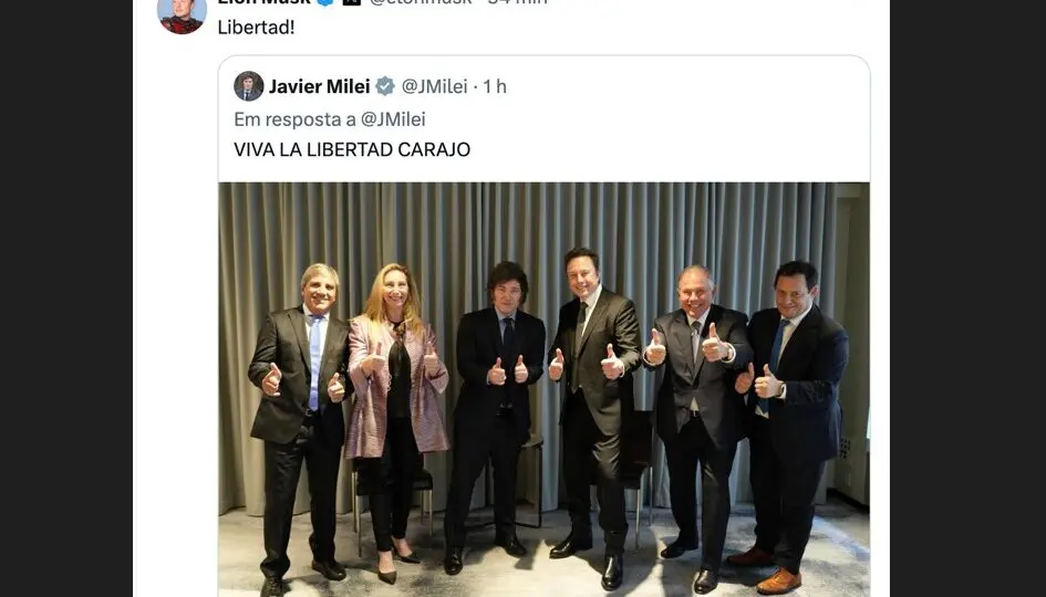 Nos EUA, Milei conversa com Musk e toca sino de abertura da Bolsa de Nova York