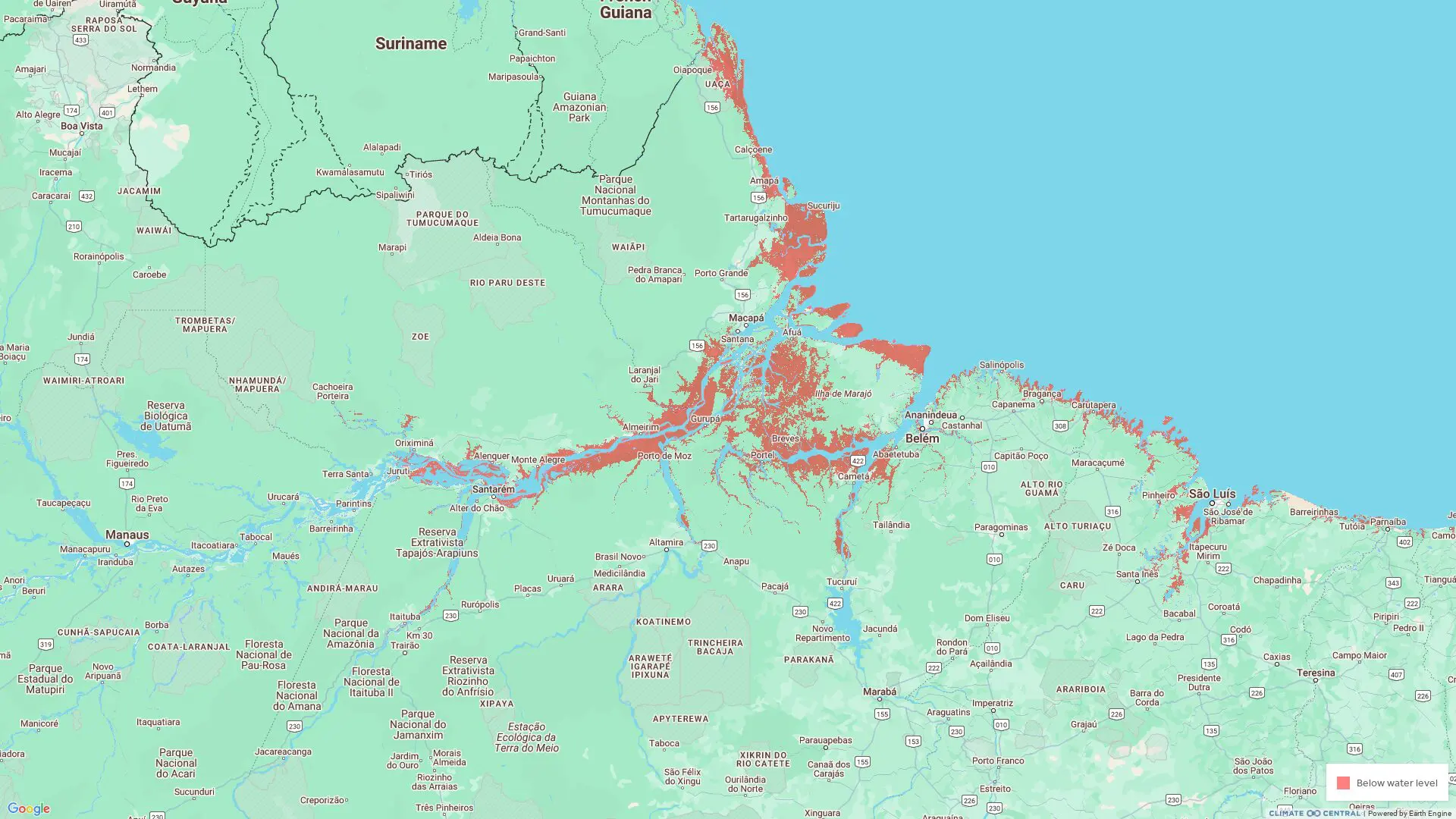 As áreas em vermelho mostram regiões com potencial de praias que vão desaparecer.