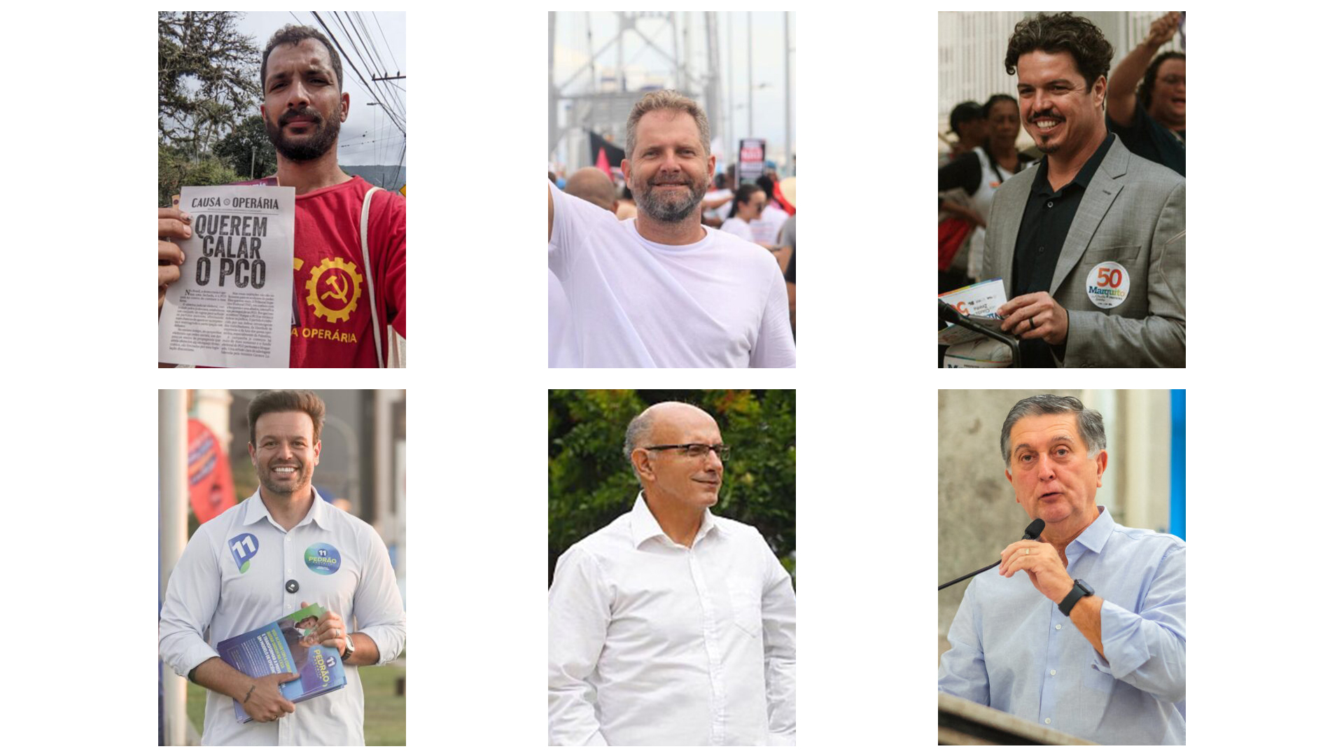 Em Florianópolis, a Gazeta do Povo entrevistou os candidatos Brunno Dias (PCO), Lela (PT), Marquito (Psol), Pedrão (PP), Portanova (Avante) e Topázio (PSD).