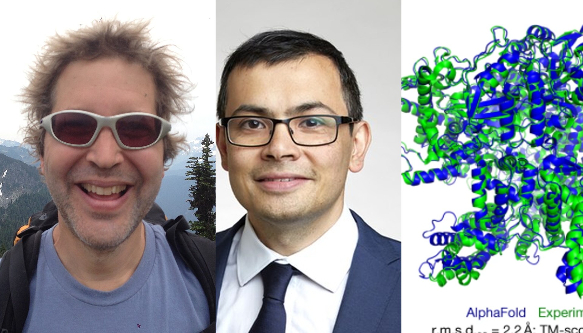 Nobel de química foi dividido em metade para David Baker (esq.), pioneiro da criação de proteínas, e o resto para Demis Hassabis (centro) e John Jumper, ambos da Google DeepMind, por seu trabalho desvendando a estrutura 3D de proteínas (como a estrutura à direita).