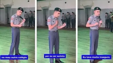 O catarinense Arthur Gabriel tem 13 anos e afirma que, antes de estudar no colégio militar, ele era inseguro, tinha problemas de relacionamento e de aprendizado.